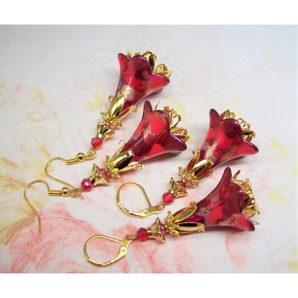Boho Earrings Gold, Hand Painted, Artisan Crafted Flower Jewelry